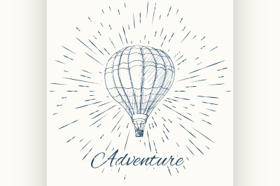 air balloon and vintage sun burst frame. Adventure emblem