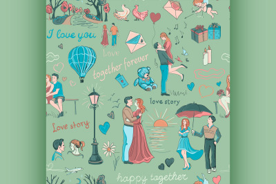 Seamless pattern with love story elements