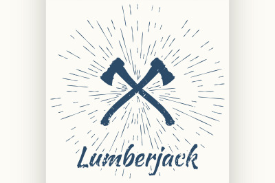 crossed axes and vintage sun burst frame. lumberjack emblem