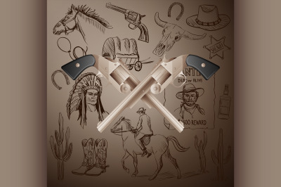 Hand drawn Wild West Collection with Crossed Revolvers