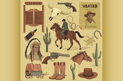 Hand drawn Wild West icons set