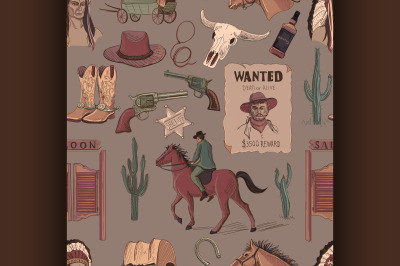 Wild West colored hand drawn pattern