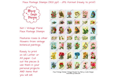 Printable Faux Postage Stamps Set 1 with Vintage Flowers