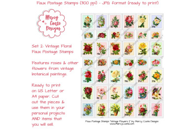Printable Faux Postage Stamps Set 2 with Vintage Flowers