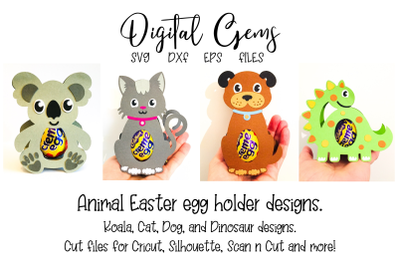 Koala, Cat, Dog, and Dinosaur egg holder designs.
