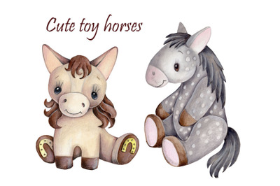 Cute Toy Horses. Hand drawn illustrations.