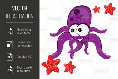 &quot;Cartoon illustration of octopus with starfish&quot;