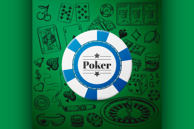 Hand drawn Casino Collection with single blue casino chip