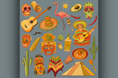 Hand drawn Mexico icons set