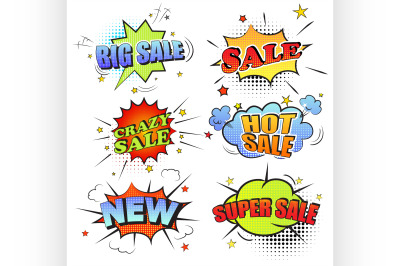 Set of pop art comic sale discount promotion vector illustration