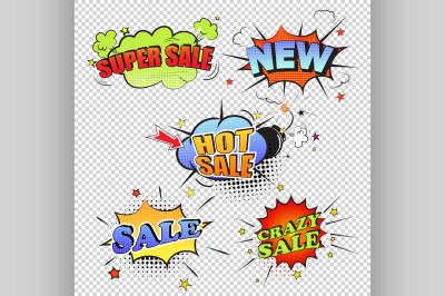 Set of pop art comic sale discount promotion vector illustration trans