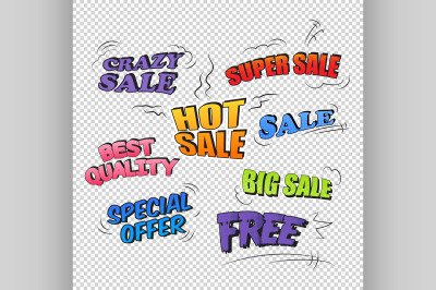 Set of pop art comic sale promotion transparent backgraund