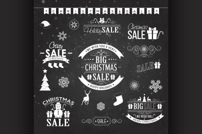 Christmas sale design set - labels, emblems on black board