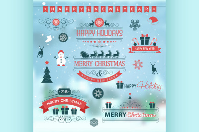 Christmas set labels emblems on winter background