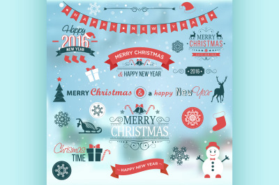 Christmas set labels emblems on winter background