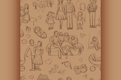 hand drawn seamless pattern with happy families