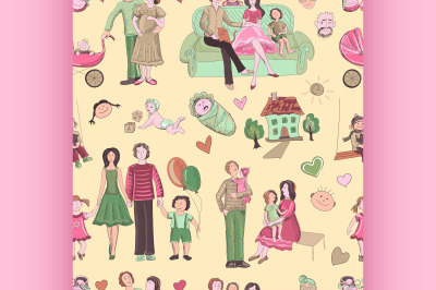 hand drawn seamless pattern with happy families