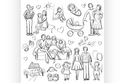 Hand drawn set with happy families