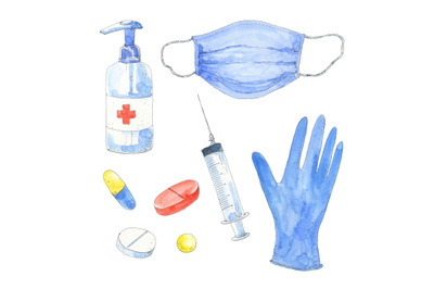 Medic set - hand drawn watercolor elements about health care