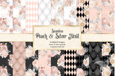 Peach and Silver Floral Digital Paper