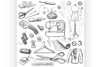 Hand drawn sewing icons set