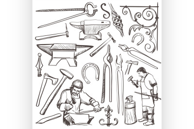 Hand drawn sketch blacksmith set