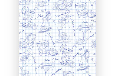 Scetch pattern contemporary classic cocktails on notebook page