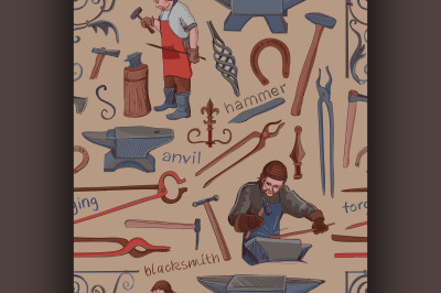 Seamless pattern with objects on blacksmith theme