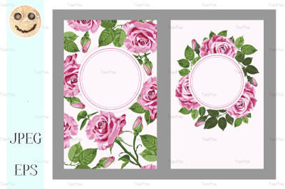 Pink roses and round frame cards set.