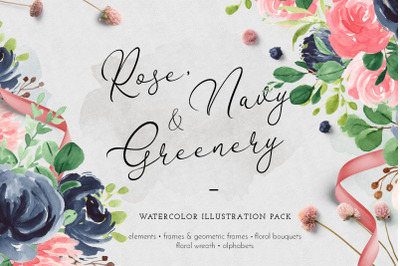Rose, Navy &amp; Greenery Illustration Pack