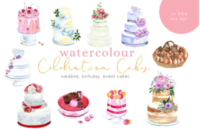 Watercolour Cakes clip art, PNG, 300dpi