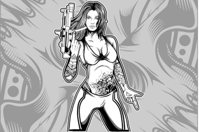 sexy woman holding a gun hand drawing vector