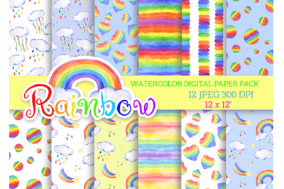 Watercolor digital paper rainbow rain cloud seamless pattern patterns