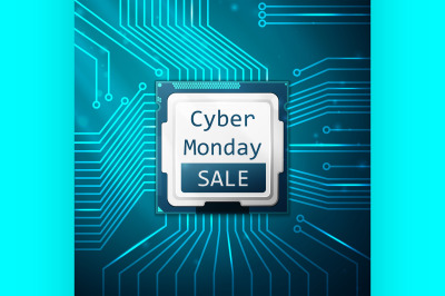 Cyber Monday Sale poster, electronic circuit board with processor