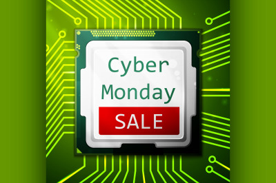 Cyber Monday Sale poster, electronic circuit board with processor