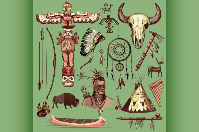 Collection of hand drawn wild west american indian icons