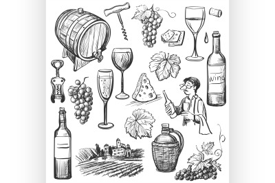 Hand drawn sketch vector wine set