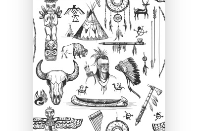 Seamless Pattern American Tribal Native Symbols