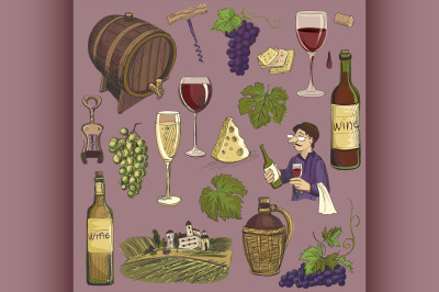 Hand drawn vector set - wine and winemaking