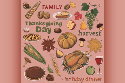 Colorful hand drawn set of objects and symbols on the Thanksgiving