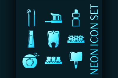 Set of Dental blue glowing neon icons.