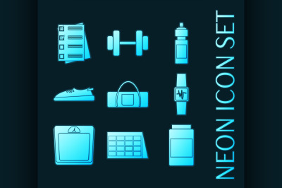 Set of Fitness, sport glowing neon icons