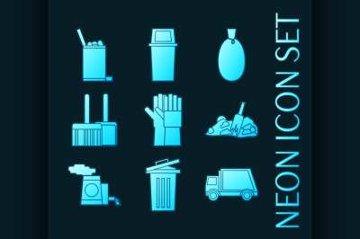 Set of Garbage blue glowing neon icons