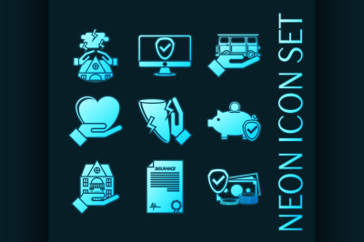 Set of Insurance blue glowing neon icons