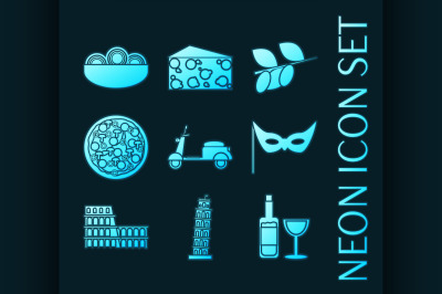 Set of Italy blue glowing neon icons