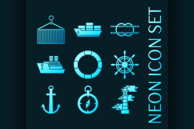 Set of Sea port glowing neon icons.