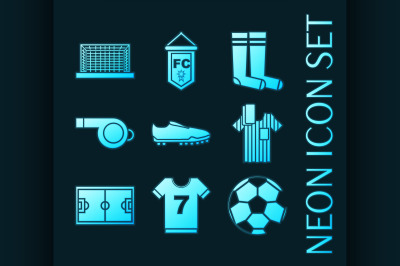 Set of Soccer blue glowing neon icons.