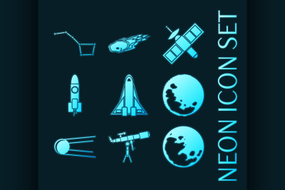 Set of Space blue glowing neon icons