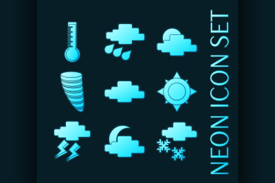 Set of Weather blue glowing neon icons.