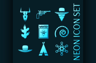 Set of Wild west glowing neon icons collection